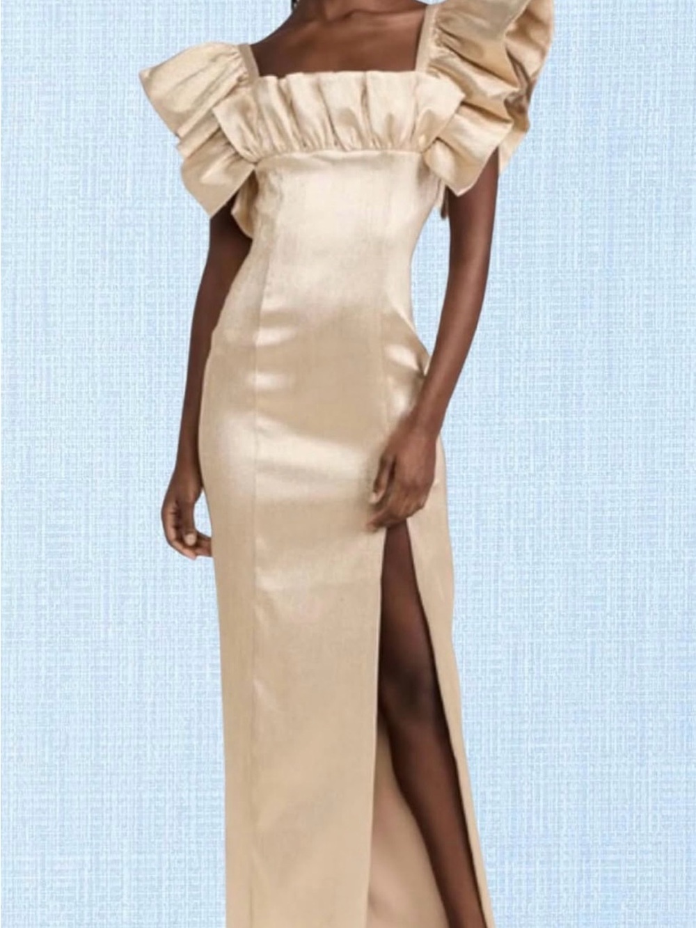 Black Halo Champagne Satin Maxi with Ruffled Square Neck originally $528!